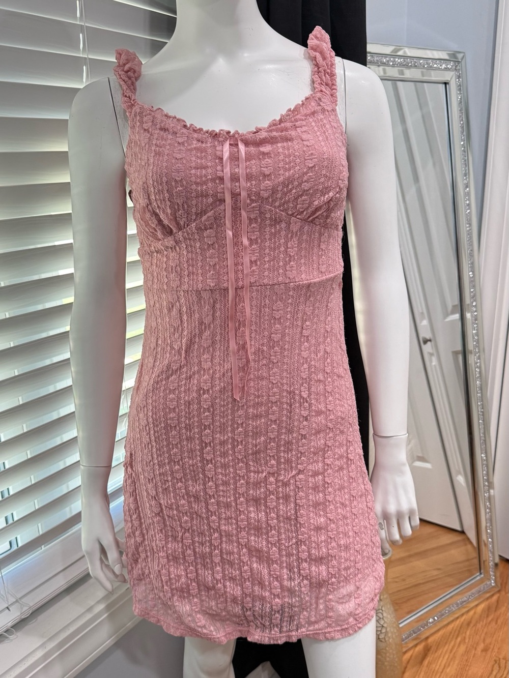No Boundaries Pink Textured Sleeveless dress with Ribbon Detail